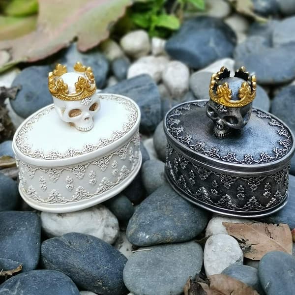 White Skeleton Head Skull Jewelry Organizer Box Holder with Crown