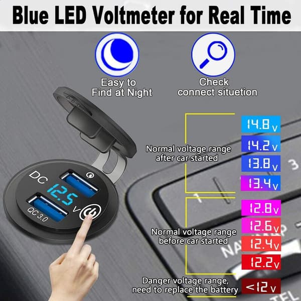 12V USB-uttak, lading 3.0 Dobbel USB-billader med tenningsbryter og voltmeter for 12V/24V bil lastebil