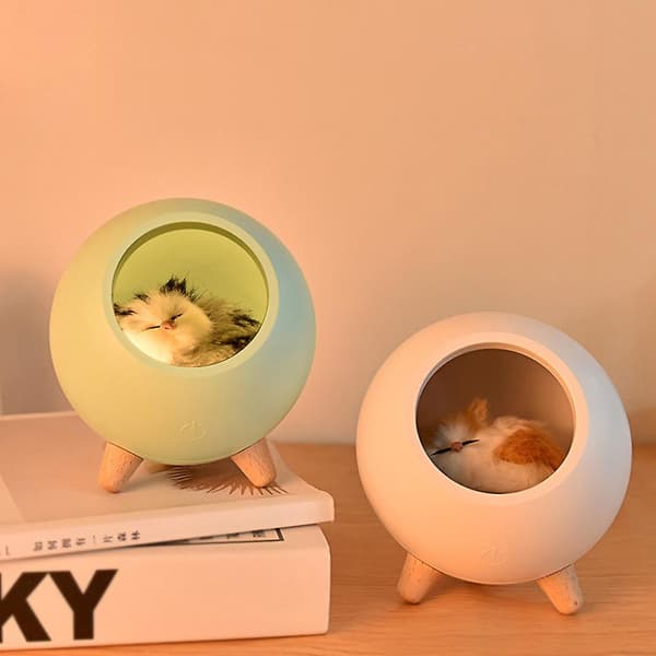 Katt Hus LED Nattlampe Trinnløs Dimbar USB Oppladbar Sengelampe Hvit White