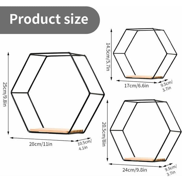 Hexagonala vägghyllor set om 3, metall & trä, för kök, badrum, sovrum, svart väggdekor [CH]