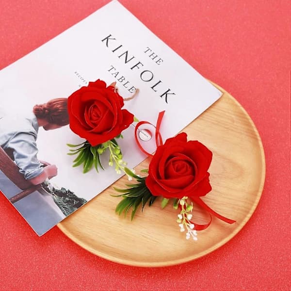 Håndledskorsage til bryllup, Blomster Håndledsblomst Sæt Kunstig Bryllupsrose Brude Håndledskorsager Blomster Blomst til Bal (Rød)