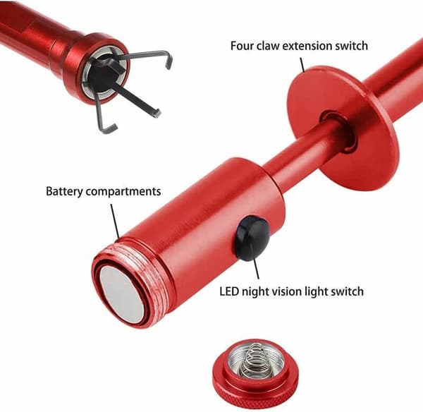 Magnetisk opsamlingsværktøj, rød, fleksibelt med LED-lys, 4 kløer, til have og afløb