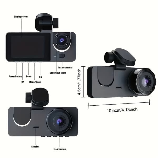 Triple Lens Car DVR HD Dash Cam Front Indvendig Bageste Vidvinkel Nattesyn