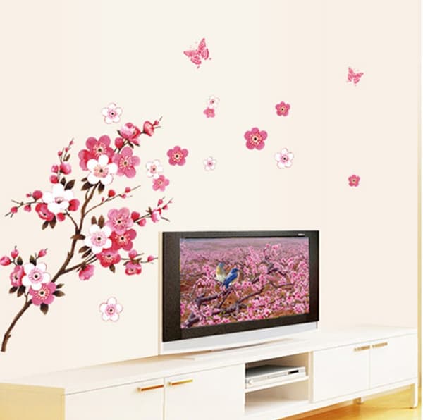 CHERRY BLOSSOM seinätarrat perhosilla vaaleanpunainen punainen (30x90cm)