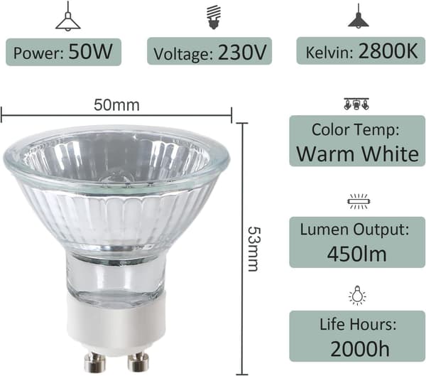 GU10 Halogen Bulbs 220V GU10 Halogen Spotlight Bulbs 450lm 2800K Warm White 40° Beam Angle GU10 Bulbs for Ceiling Lights Dimmable - 6Pack GU10 50W GU10 50W
