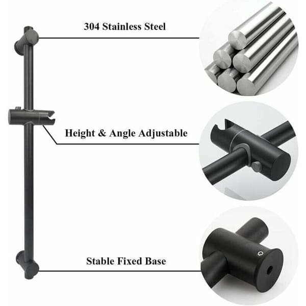 Black Shower Bar, 304 Stainless Steel Shower Bar with Height and Angle Adjustable Mounting Brackets, Brushed, Total Height 660mm