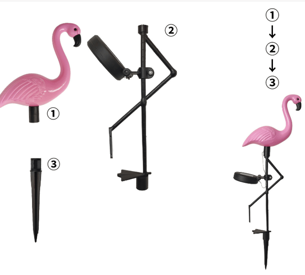 Solcellelamper for plen, en flamingo, tre utendørslamper for hage, landskapsbelysning, hagedekorasjon