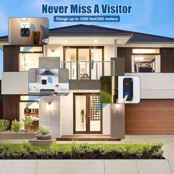 Wireless Doorbell, 300m Range IP55 Waterproof with 1 Plug-in Receiver, 55 Melodies, 5 Volume Levels, LED Flash - Black