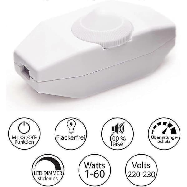 Lysdimmer, roterende bryter med hvit 220-230v kabel, trykknapp for dimbar LED
