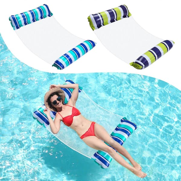 2-pack uppblåsbar poolhängmatta, 4-i-1 flytande solstol och luftmadrass (blå och grön)