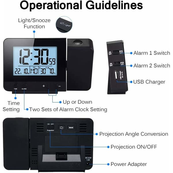 LED Projection Alarm Clock, Digital Clock with Large LCD Display, Digital Projection Clock with Dual Alarms, Snooze Function, Indoor Thermometer