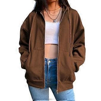Long-sleeved hoodie with drawstring, pockets and zipper, solid color autumn jacket women (L coffee)