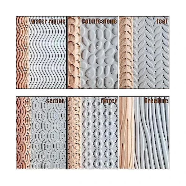 Newway 6 Wood Clay Modeling Pattern Rollers Kit, Clay Rolling Pin Textured Hand Roller Wood Handle Pottery Tools SetBY