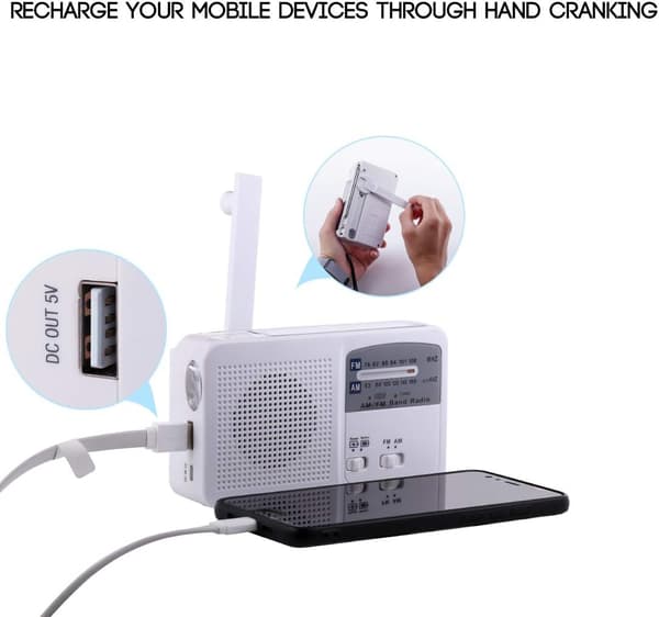 Portable Emergency Radio with Solar Crank and Self-Sufficient USB Battery Charging White