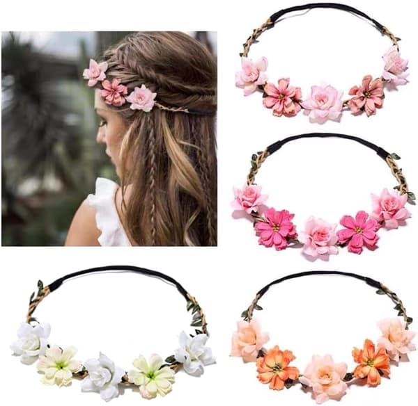 Blomsterdiadem, 4 stk. elastiske hårbånd blomsterkrans