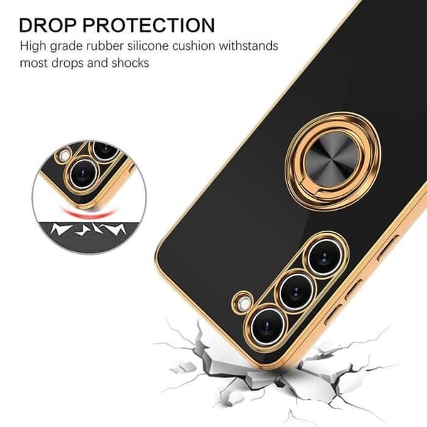 Booling Silikone Cover til Samsung Galaxy S23, Ringstativ & Guldkant [JUN] Sort Svart