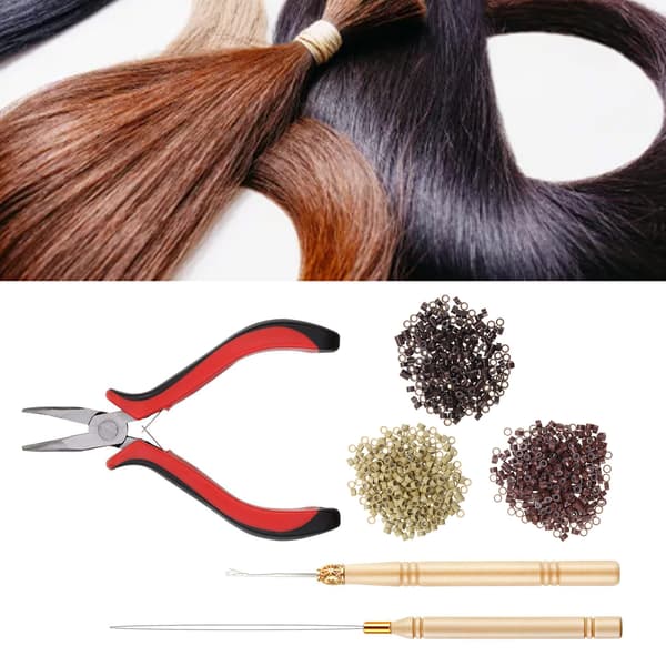 Hair Extension Tool Kit Set Silicone Micro Rings Links with Pliers Pull Hook Needle Loop Thread