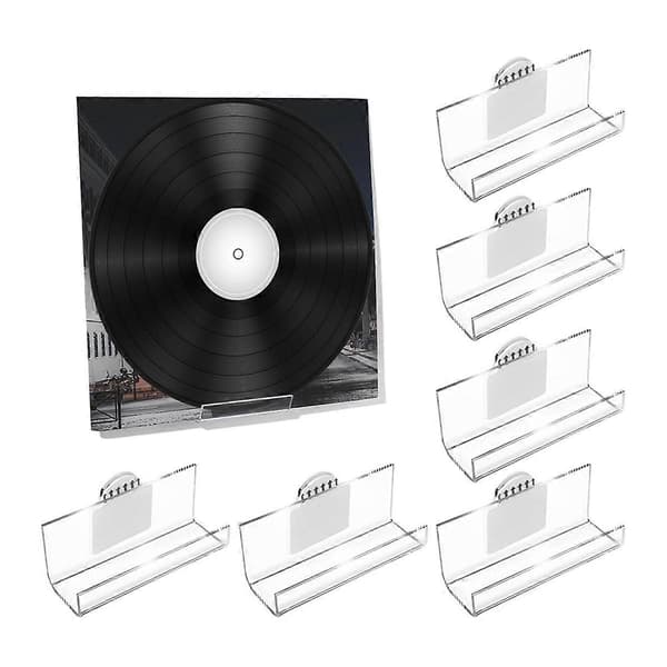6-pak Vinylpladeholder Vægmontering Uden Boring, Selvklæbende Akryl Pladehylde Displaystativ til