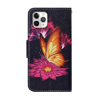 Farvet tegnet læderetui til iPhone 12 Pro Max (Stor Gylden Sommerfugl)
