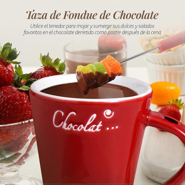 Chokoladefonduekop med gaffel, smeltevarmer til slik, ost og dessertsnacks-FX-
