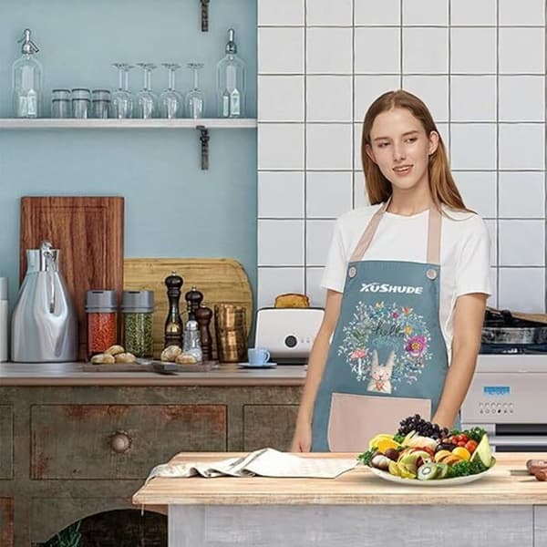 Vandtæt køkkenforklæde - blåt, justerbart grillforklæde med lomme, sødt kaninforklæde