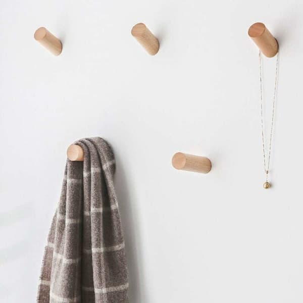 Set of 6 Beech Wood Wall Hooks 3x6cm Cylinder Wall Mounted Hook Decorative Hook for Jacket Hat Scarf Bag Towel - Max Load 15kg