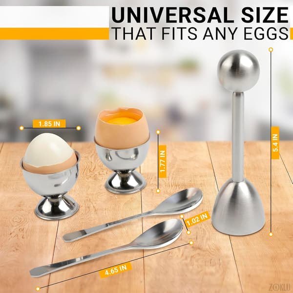 Eggshell opener, 2 egg cups for soft-boiled and hard-boiled eggs with 2 spoons, stainless steel construction, fits most egg sizes