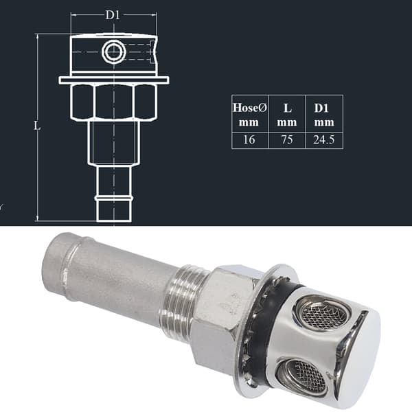 Marin Yacht Rostfritt Stål Båt Bränsletank Ventilationslock, 16mm Diameter, Passar 38mm eller 50mm Oljepåfyllning
