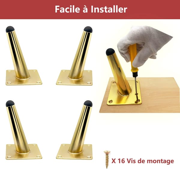 Set med 4 10 cm möbelben i guld, lutande, hållbara metallbordben, bordsben, soffben för utbyte