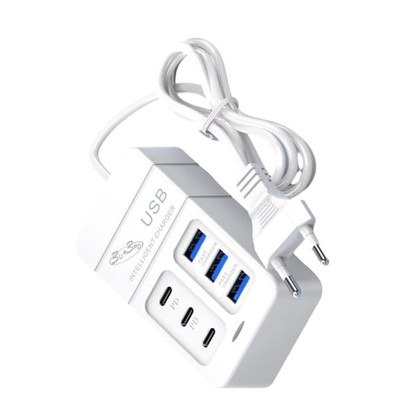 6-i-1 Flatplugg Grenuttak med 3 USB- og 3 USB-C-porter