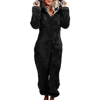 Dame Vinter Fluffy Fleece Hettegenser Hel Kropp Jumpsuit (L Svart)