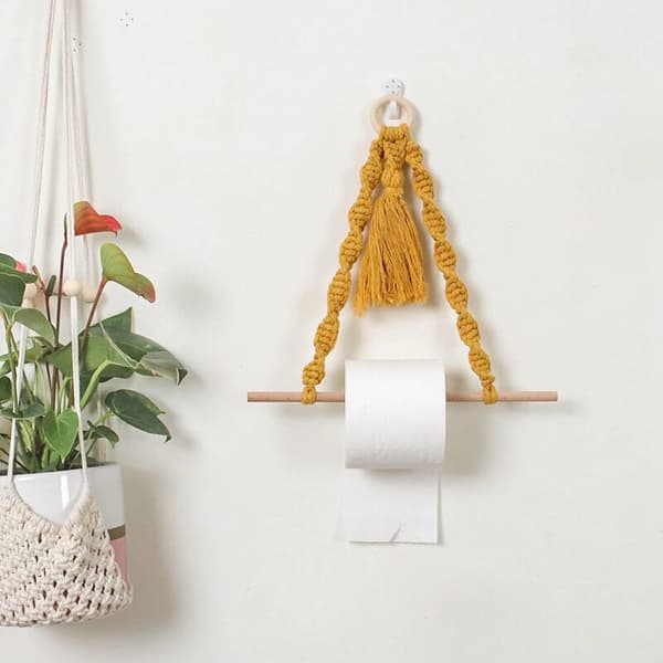 Boho Dekor Pappershållare Rulle Pappers Makram Förvaring Rack Gobeläng Toalett Vägg Hängande Handvävd Rep Väggdekor-Vit