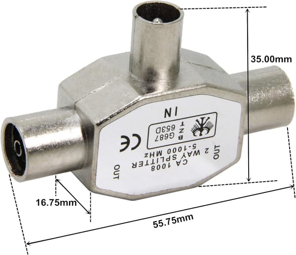 TV-antenne koaksial splitter, metalhus, 2-vejs 1 han til 2 hun adapterstik