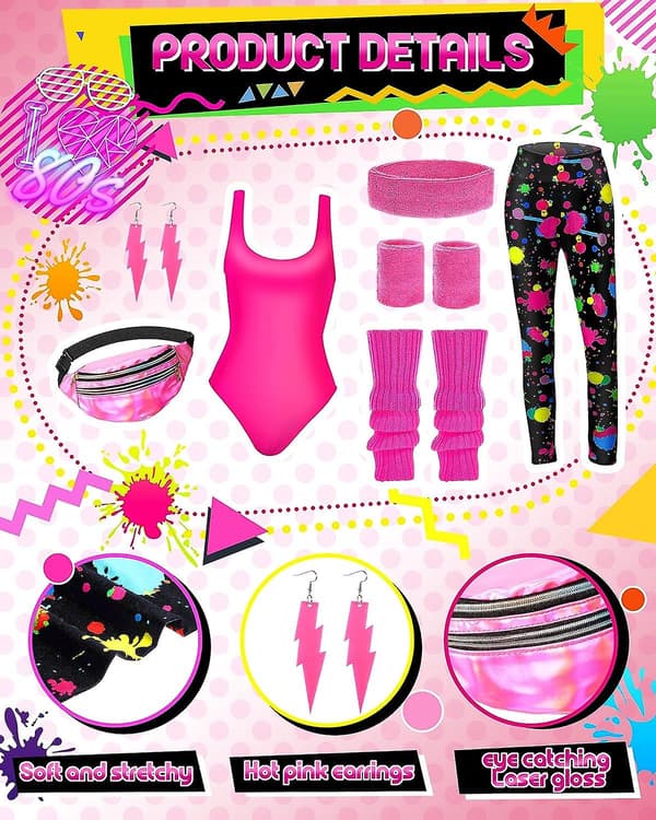 80'er 90'er Aerobics Sæt med Dragt, Leggings & Splash Print Tilbehør - 7 Dele [JUN] Splash Print Medium Splash Print Medium