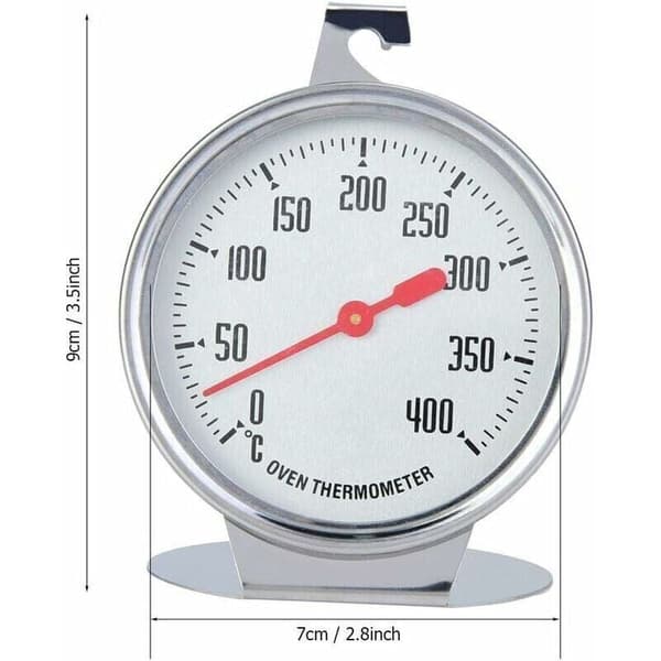 Direct-reading oven thermometer with stainless steel probe and hook - 7 x 9 cm, compatible with grilling and baking