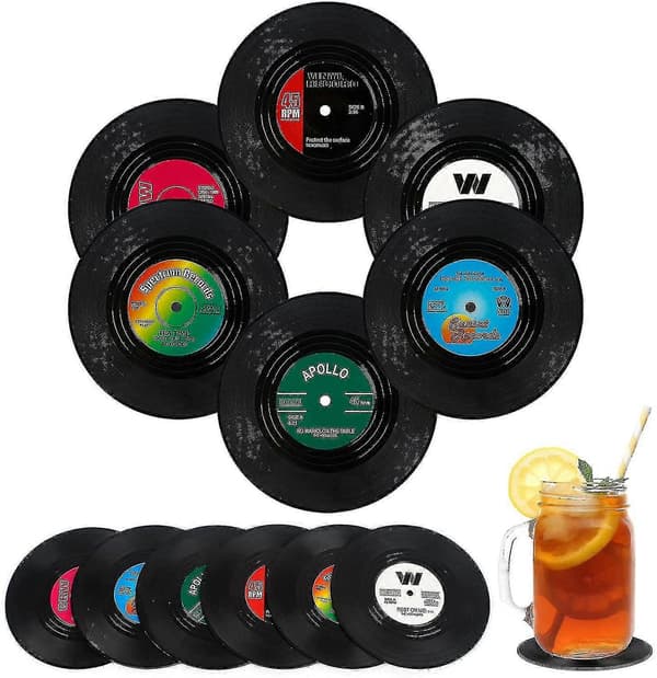 Glasunderlägg 12-pak Vinylplade Underlag Retro Drikkeunderlag Runde Kopper