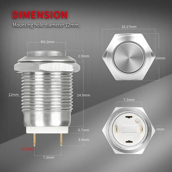 12mm Waterproof Momentary Push Button Metal Push Buttons SPST NO Momentary Button 2A 12V/24V/125V/250V 5-pack (High Head) -