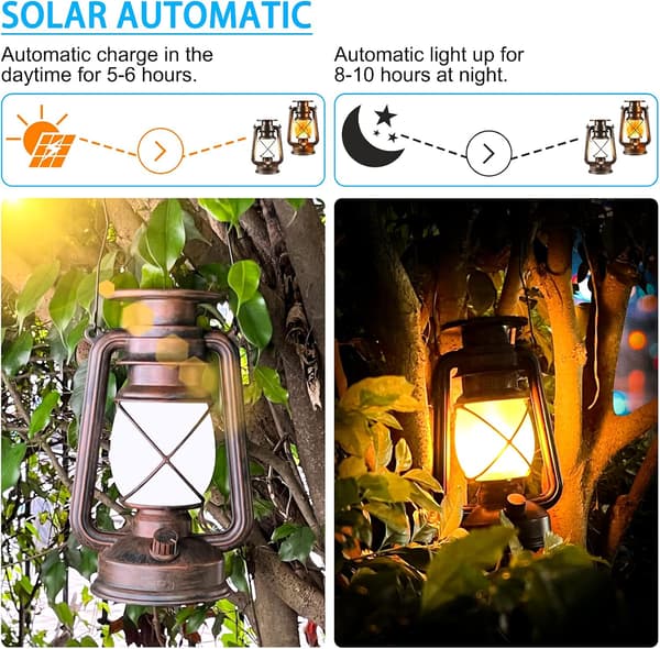 Outdoor Solar Lantern, Hanging Solar Lamp, Retro LED Flame Lantern, Waterproof Camping Light (Set of 2)
