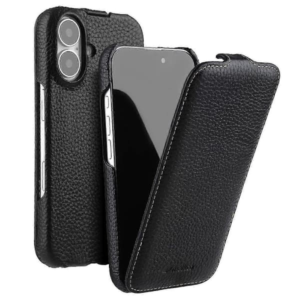 MELKCO Magnetisk Etui til iPhone 16 Lodret Flip Ægte Læder+PC Stødsikkert Cover - Sort