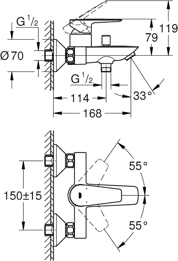 Single-lever bath/shower mixer, exposed wall mounting, 2-way automatic diverter, chrome