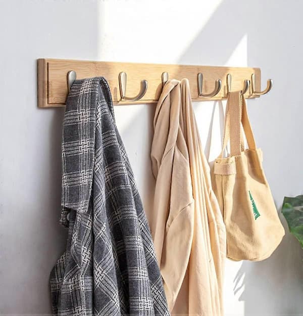 Wall-mounted wooden coat rack, towel rack with 4 hooks wall-mounted for kitchen and bathroom (coffee)
