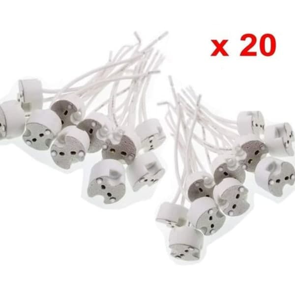 20 stk G5.3 Keramisk kvartslampeholder Sokkel Lyskopp Silikonkabel for halogenlamper, LED-lamper, Hvit, 15 cm