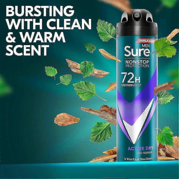 Sure Men Nonstop Protection 72H Anti-Perspirant Deodorant i Active Dry, 150 ml seks-pakning