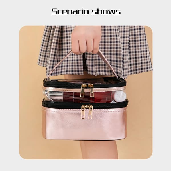 Portable Double-Layer Makeup Bag Waterproof Cosmetic Bag Large Capacity Travel Case with Brush Compartment