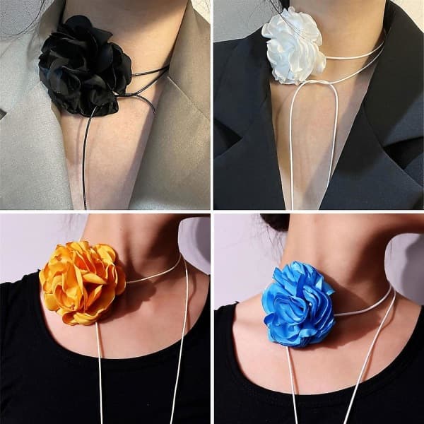 Stor Rosenblomst Nøglebenskæde Enkel Justerbar Stofhalskæde Dame Choker Blå Blue