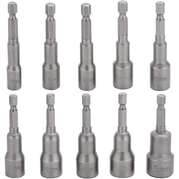 10 pcs Impact Screwdriver Socket 6-15mm Set Magnetic Hex Socket Ma