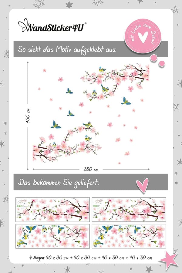 4 kpl seinätarroja (250x150cm) I Tarra Seinätarra Ruusut Ch