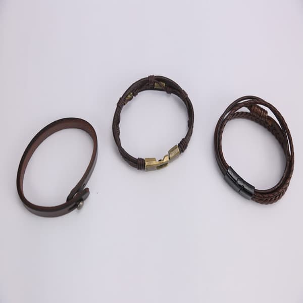 Leather Bracelet Set of 3 Dark Brown Grå