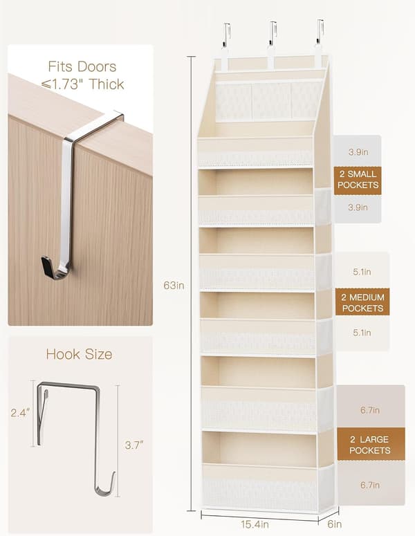 Hängande dörrförvaring - 6 fack - 13 nätfack - Beige