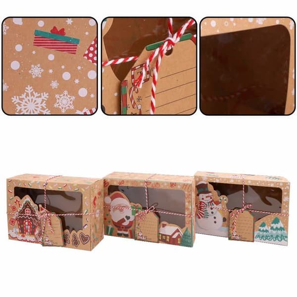 Set med 12 julkakburkar med transparent pappersfönster för julklappar (22 x 15 x 7 cm)